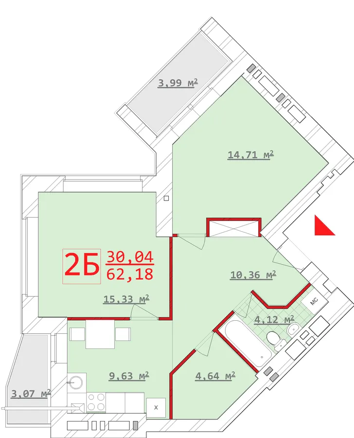 ЖБК Новий дім Котлова — 62.2 м²