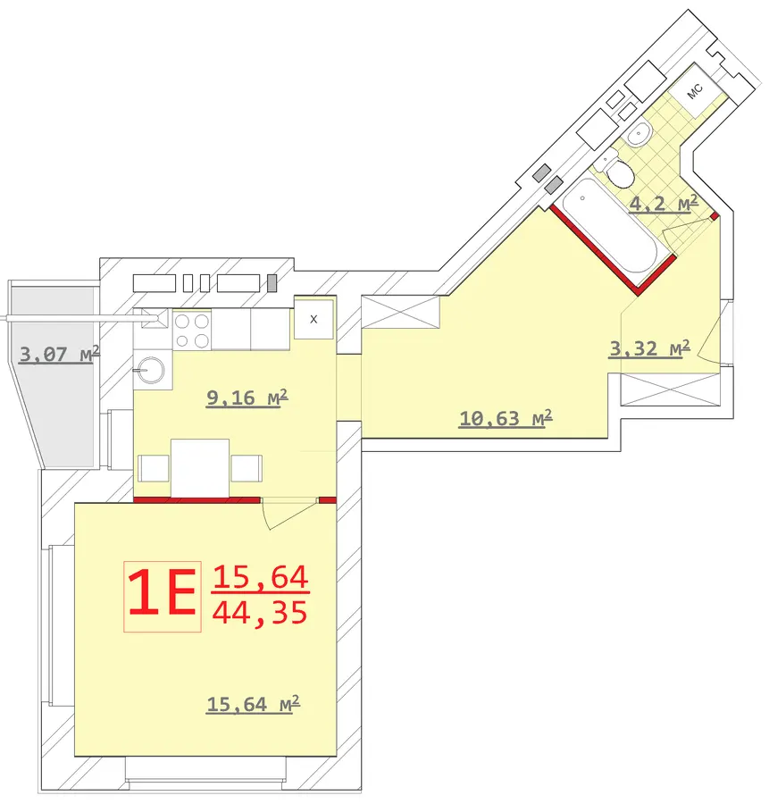 ЖБК Новий дім Котлова — 44.4 м²