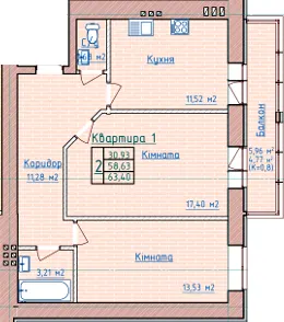 вул. Раїси Кириченко, 65 — 63.4 м²