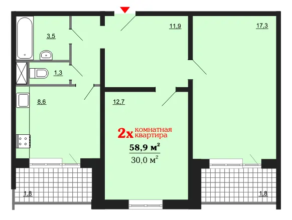 вул. Онупрієнка, 11б — 58.9 м²