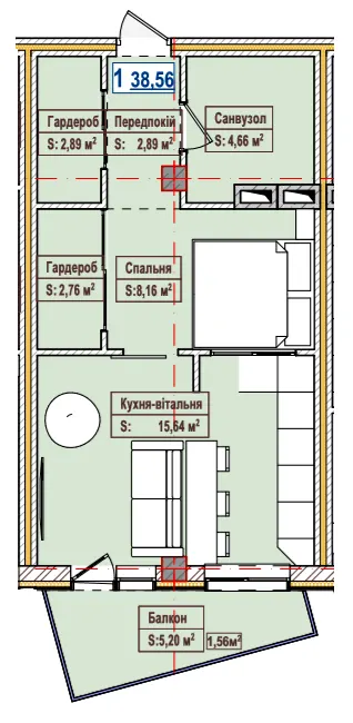 ЖК Олександрівськ — 38.6 м²