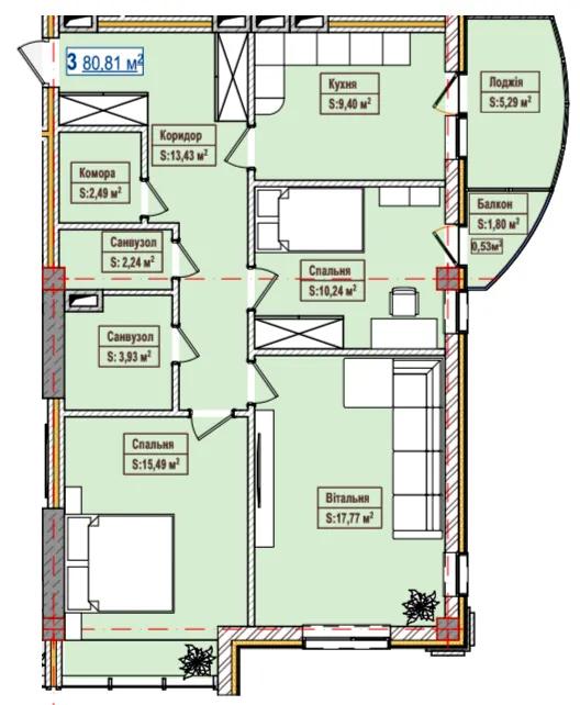 ЖК Олександрівськ — 80.8 м²