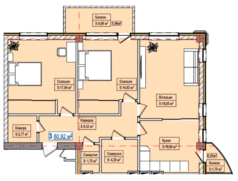 ЖК Олександрівськ — 80.9 м²