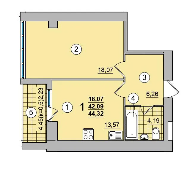 ЖК на Масанах — 44.3 м²