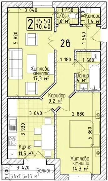 ЖК VIVA-CHERNIVTSI — 70.4 м²