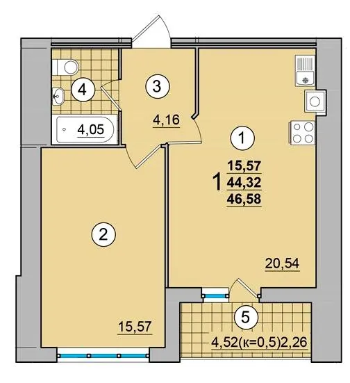 ЖК на Масанах — 46.6 м²