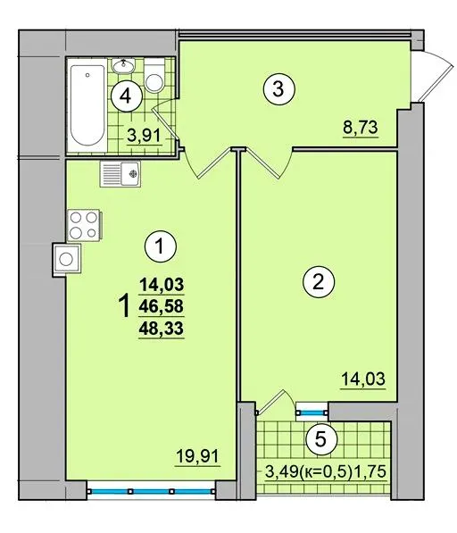ЖК на Масанах — 48.3 м²
