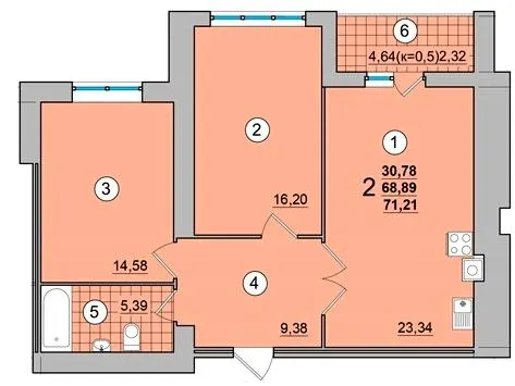 ЖК на Масанах — 71.2 м²