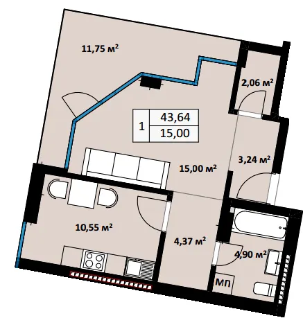 ЖК Uzh Towers — 43.6 м²