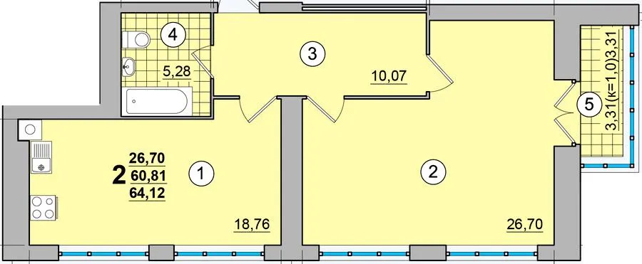 ЖК на Масанах — 64.1 м²