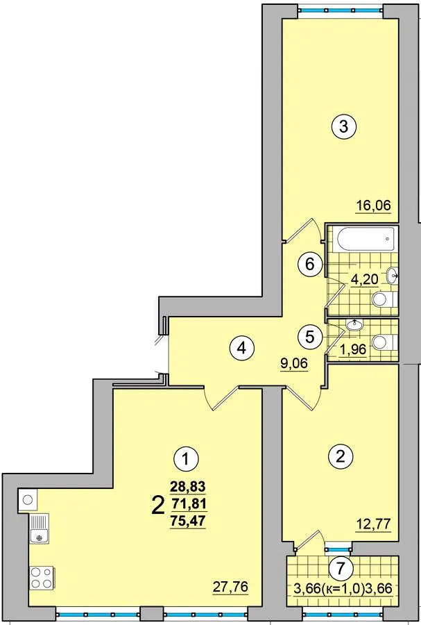 ЖК на Масанах — 75.5 м²