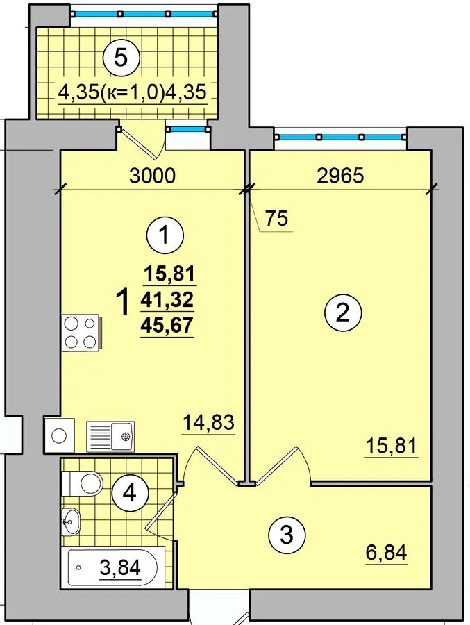 ЖК на Масанах — 45.7 м²