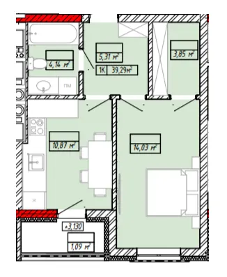 ЖК Будинок на Міхновських — 39.3 м²