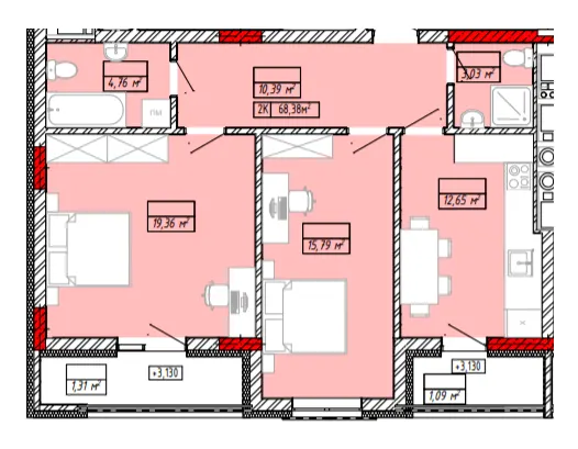 ЖК Будинок на Міхновських — 68.4 м²