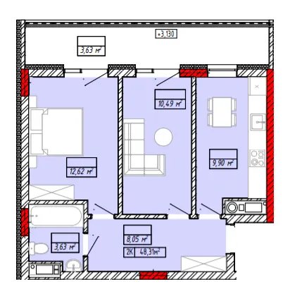 ЖК Будинок на Міхновських — 48.3 м²