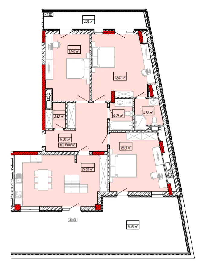 ЖК Будинок на Міхновських — 130.9 м²