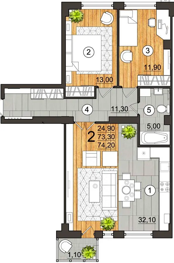 Клубний будинок City Garden — 74.2 м²