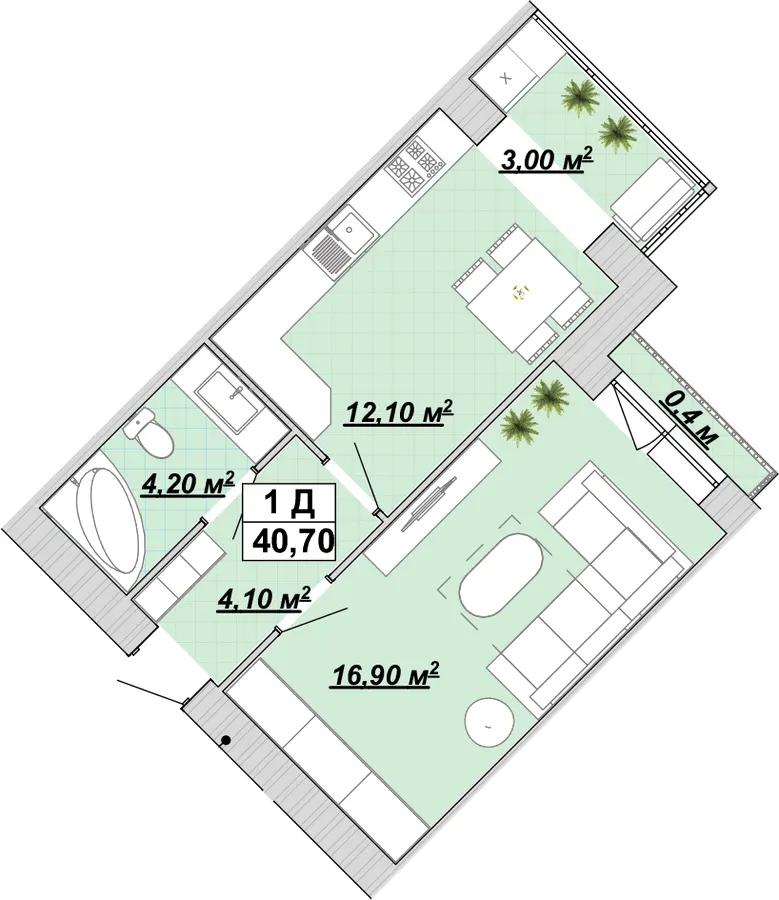 Житловий район Княгинин — 40.7 м²
