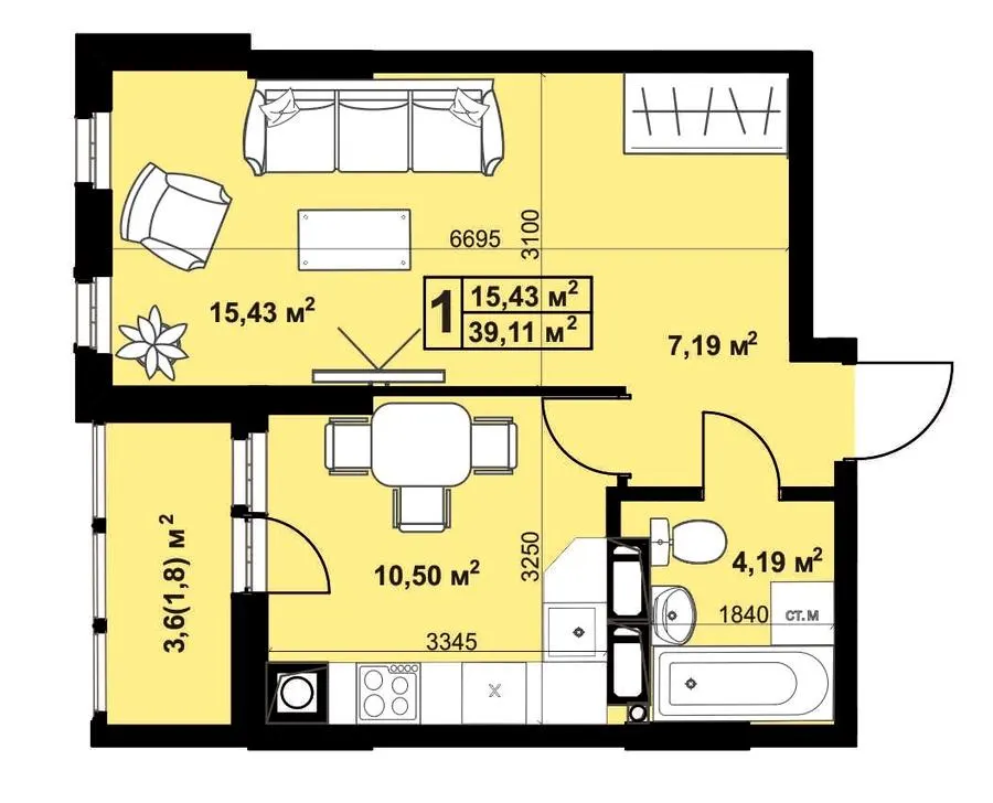 ЖК Андріївський — 39.1 м²
