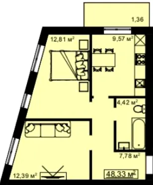 ЖК на Білогірській — 48.3 м²