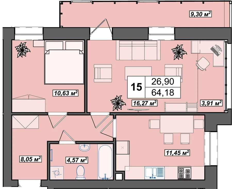 ЖБК Буковинська 20А — 64.2 м²