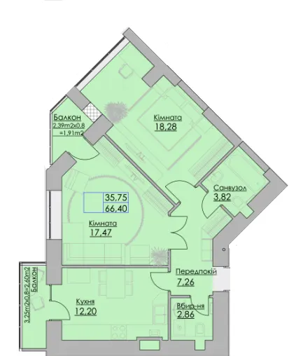 Житловий квартал Греків Ліс — 66.4 м²