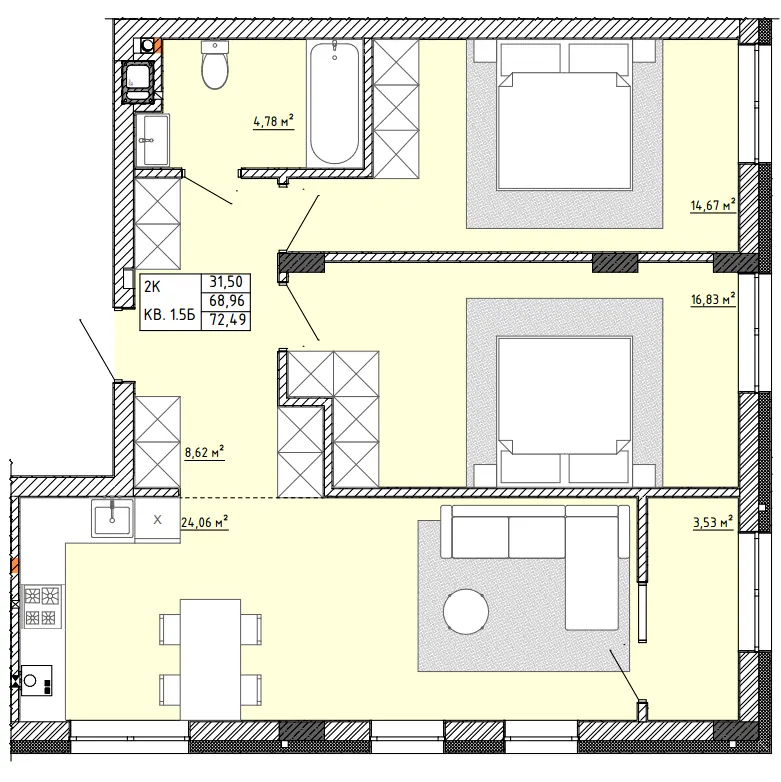ЖК Тихий Львів — 72.5 м²