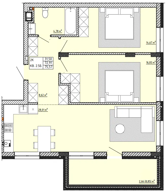 ЖК Тихий Львів — 75.6 м²