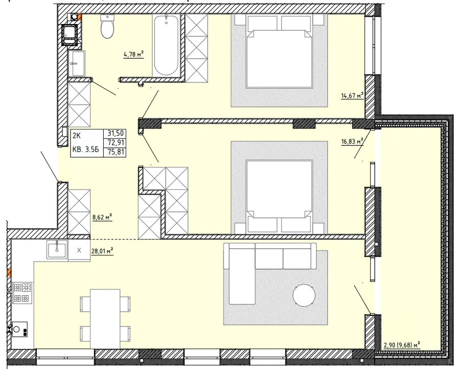 ЖК Тихий Львів — 75.8 м²
