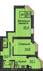 2-комнатная квартира, 62 м², вул. Соборна (Леніна), 100, Софиевская Борщаговка — фото 1