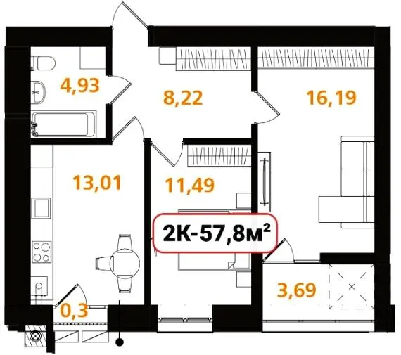 ЖК Опришівська Слобода — 57.8 м²