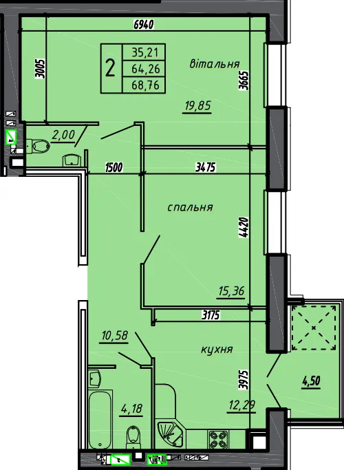 ЖК Нові Байківці — 68.8 м²