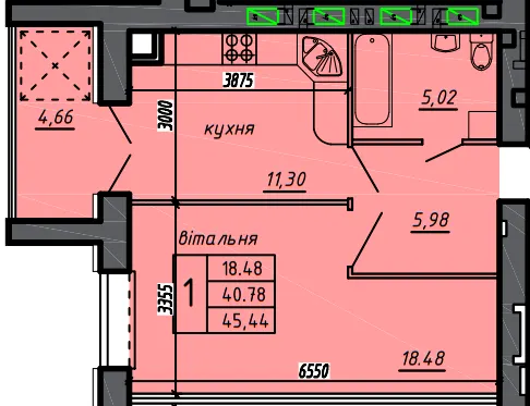 ЖК Нові Байківці — 45.4 м²