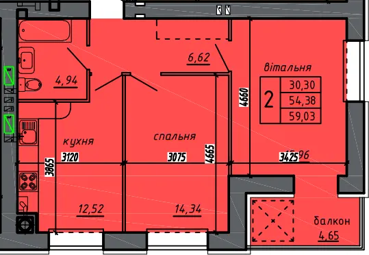 ЖК Нові Байківці — 59 м²