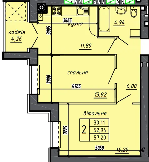 ЖК Нові Байківці — 57.2 м²