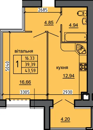 ЖК Нові Байківці — 43.6 м²