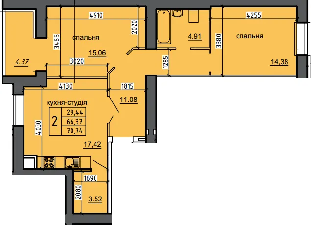 ЖК Нові Байківці — 70.7 м²