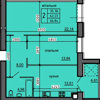 ЖК Нові Байківці — 66.8 м²