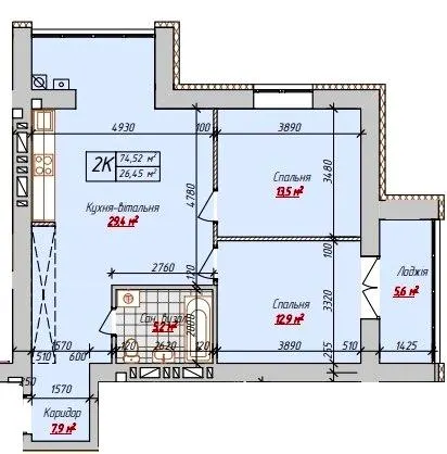 вул. Героїв Маріуполя, 79 — 74.5 м²