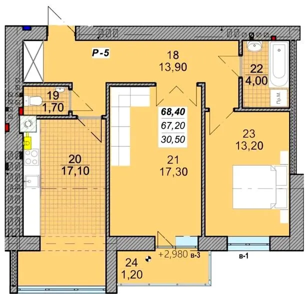 вул. Залізнична, 3 — 68.4 м²