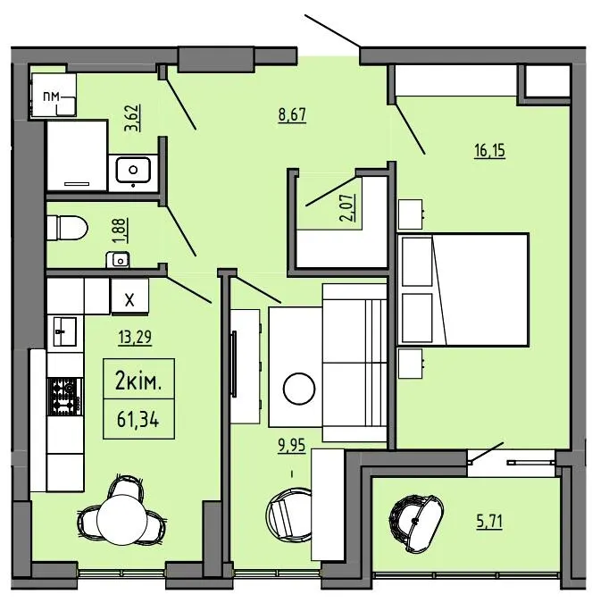 БФК Prime Tower — 61.3 м²