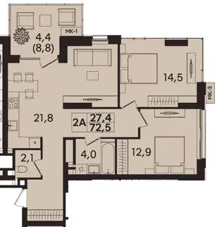 ЖК TWINS — 72.5 м²
