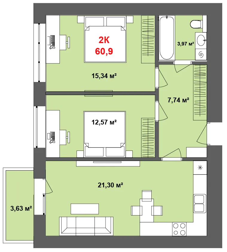 ЖК Урожайный — 60.9 м²