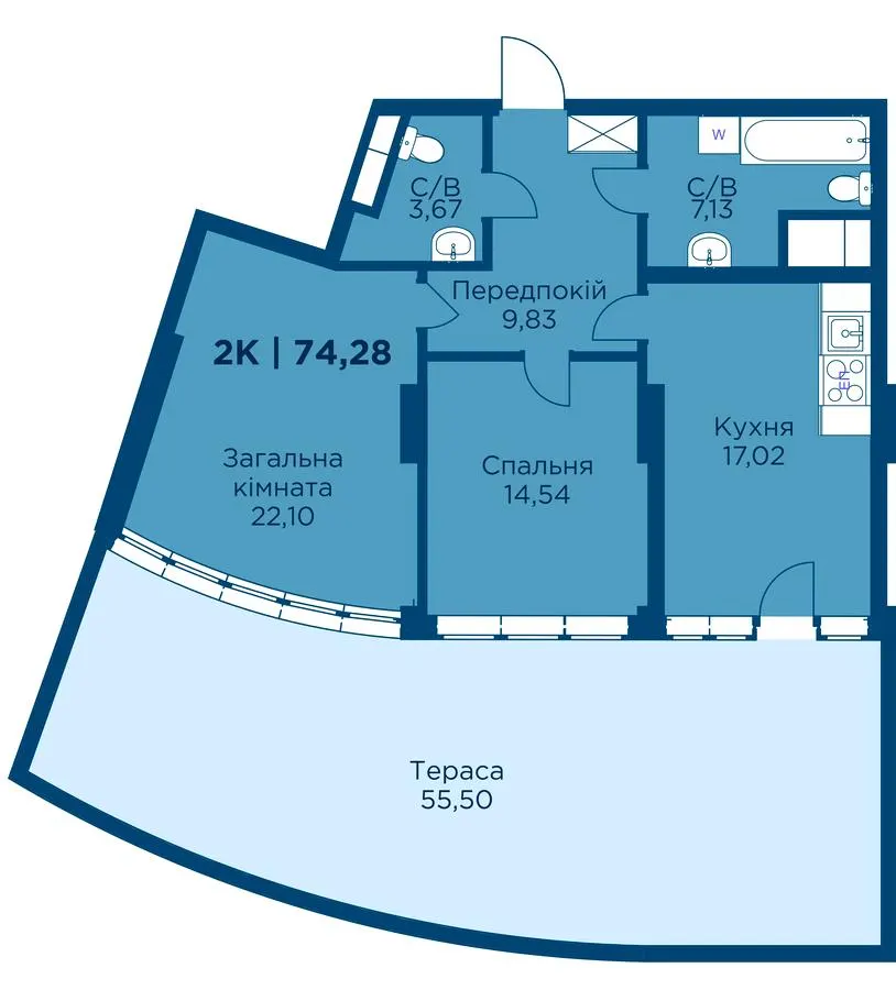 ЖК Lystopad — 74.3 м²