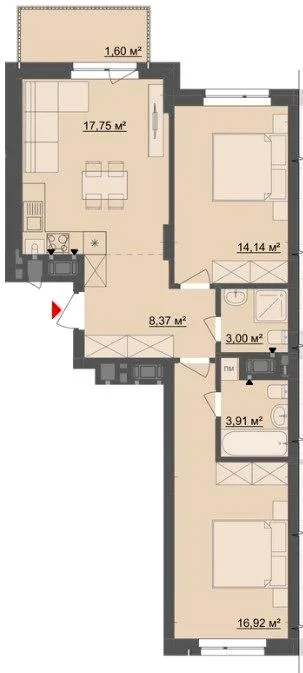 2-комнатная квартира, 66 м², вул. Мізюна, 20, Черновцы — фото 1