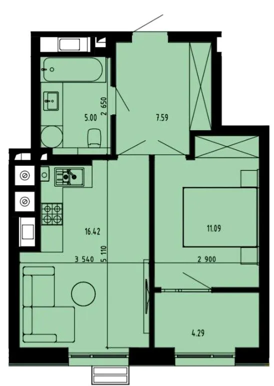 ЖК Well Place — 44.4 м²