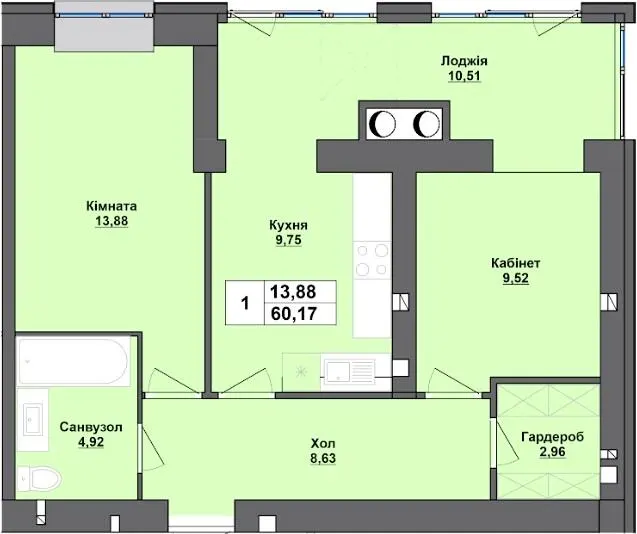 ЖК Перлина Проскурова-5 — 60.2 м²