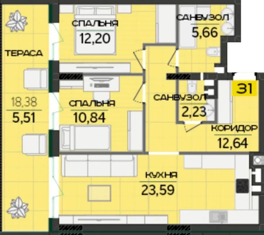ЖК Greenville Prostir — 72.7 м²
