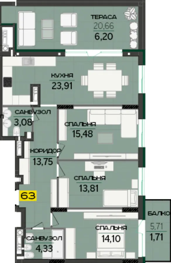 ЖК Greenville Prostir — 96.4 м²