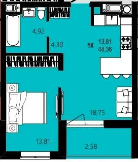 ЖК CONTINENT STREET — 44.4 м²